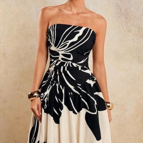 Black And White Elegant Women's Ruched Printed Dress - Picture 4 of 7